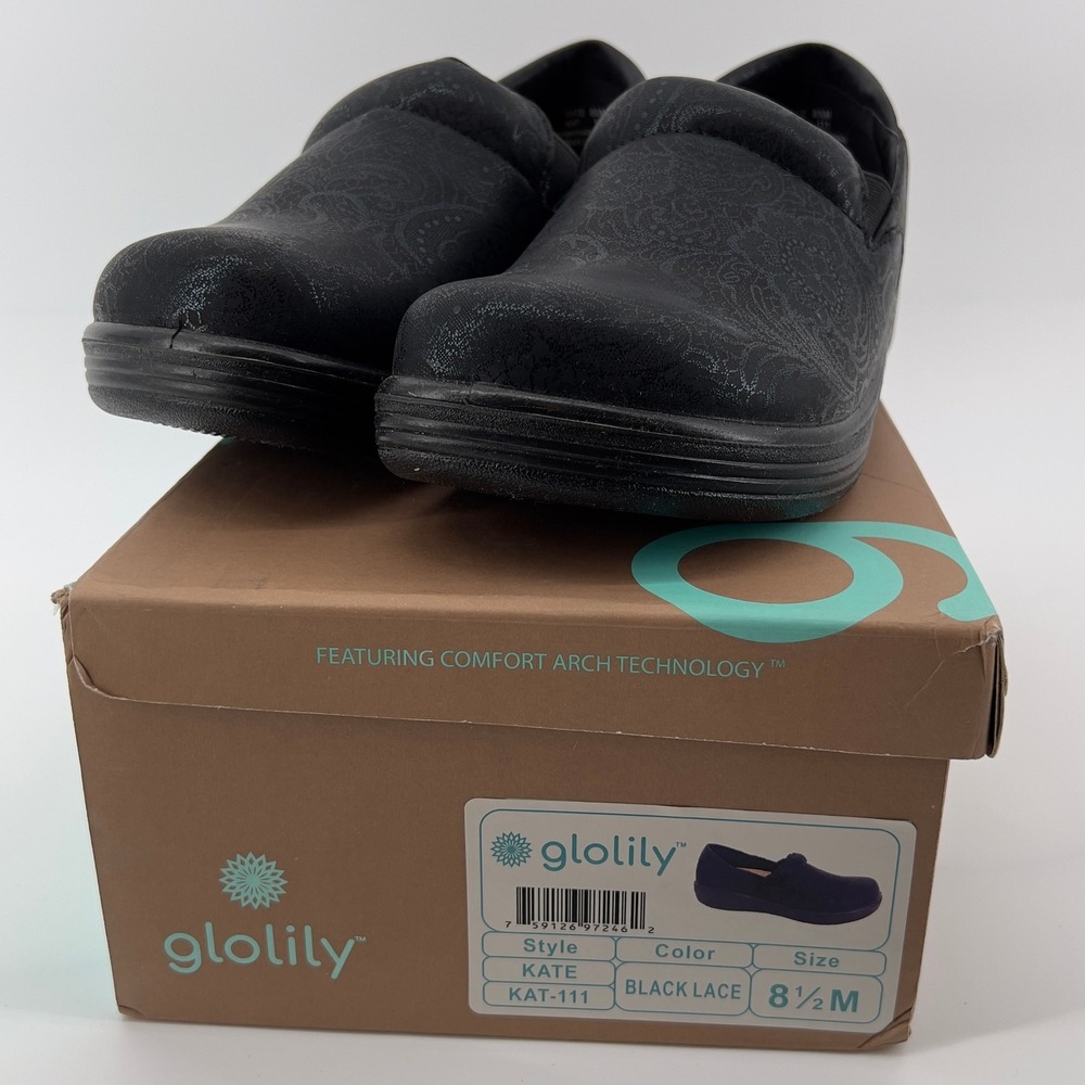 Glolily Women 8.5 Kate Comfort Clogs Black‎ Lace Lightweight Work Shoe Arch NWB